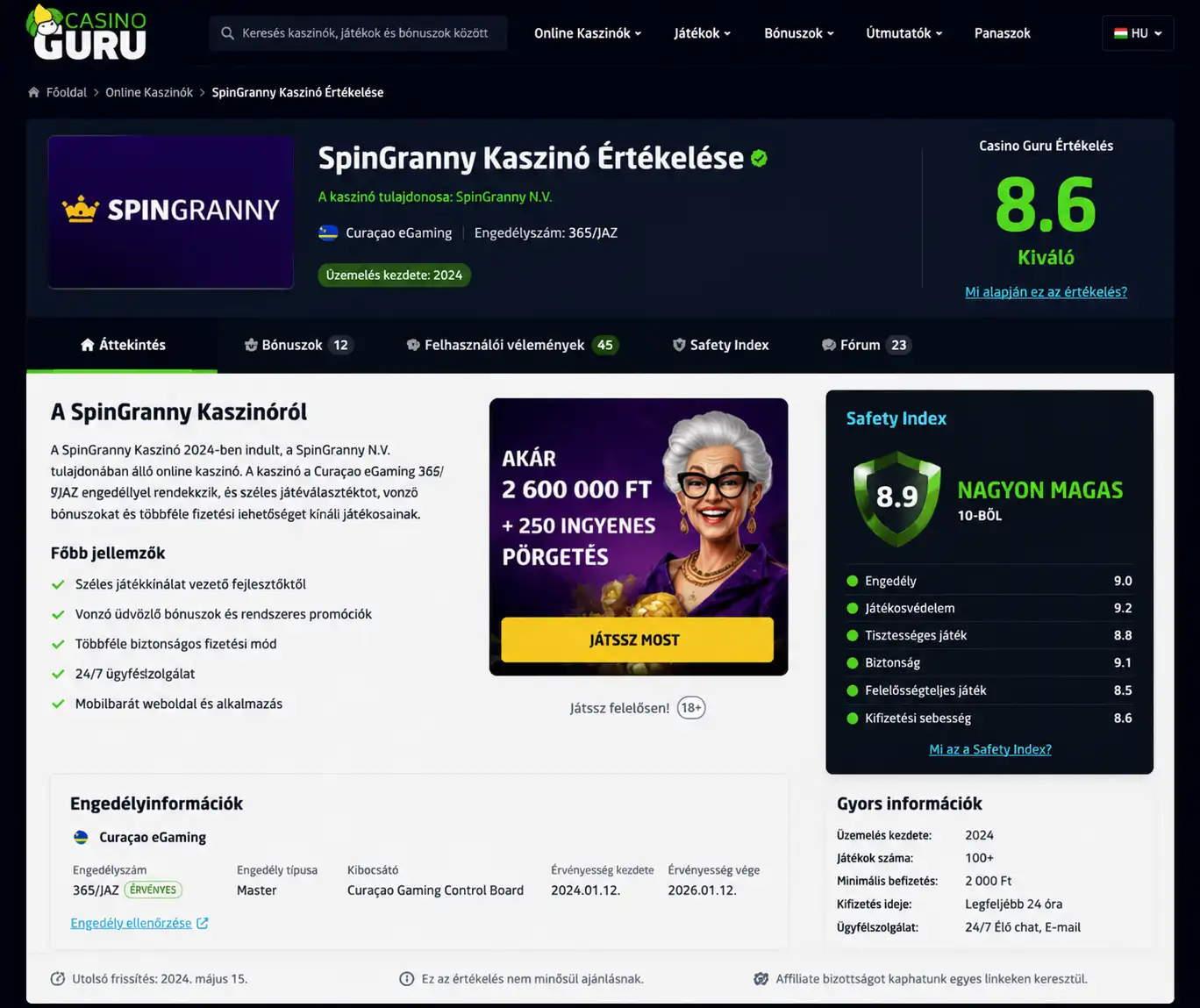 Casino Guru Spingranny értékelés biztonsági index